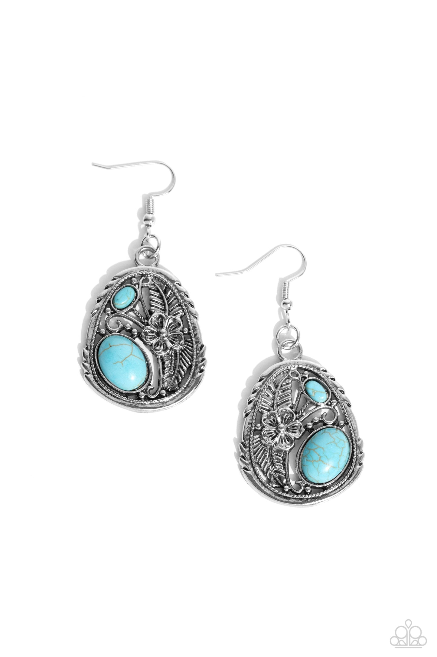 Hibiscus Harvest - Blue Turquoise Earrings - Paparazzi Accessories - A silver hibiscus flower blooms atop a pair of palm leaves that gently curls around turquoise stone accents inside an asymmetrical silver frame, resulting in a tropical inspired fashion.