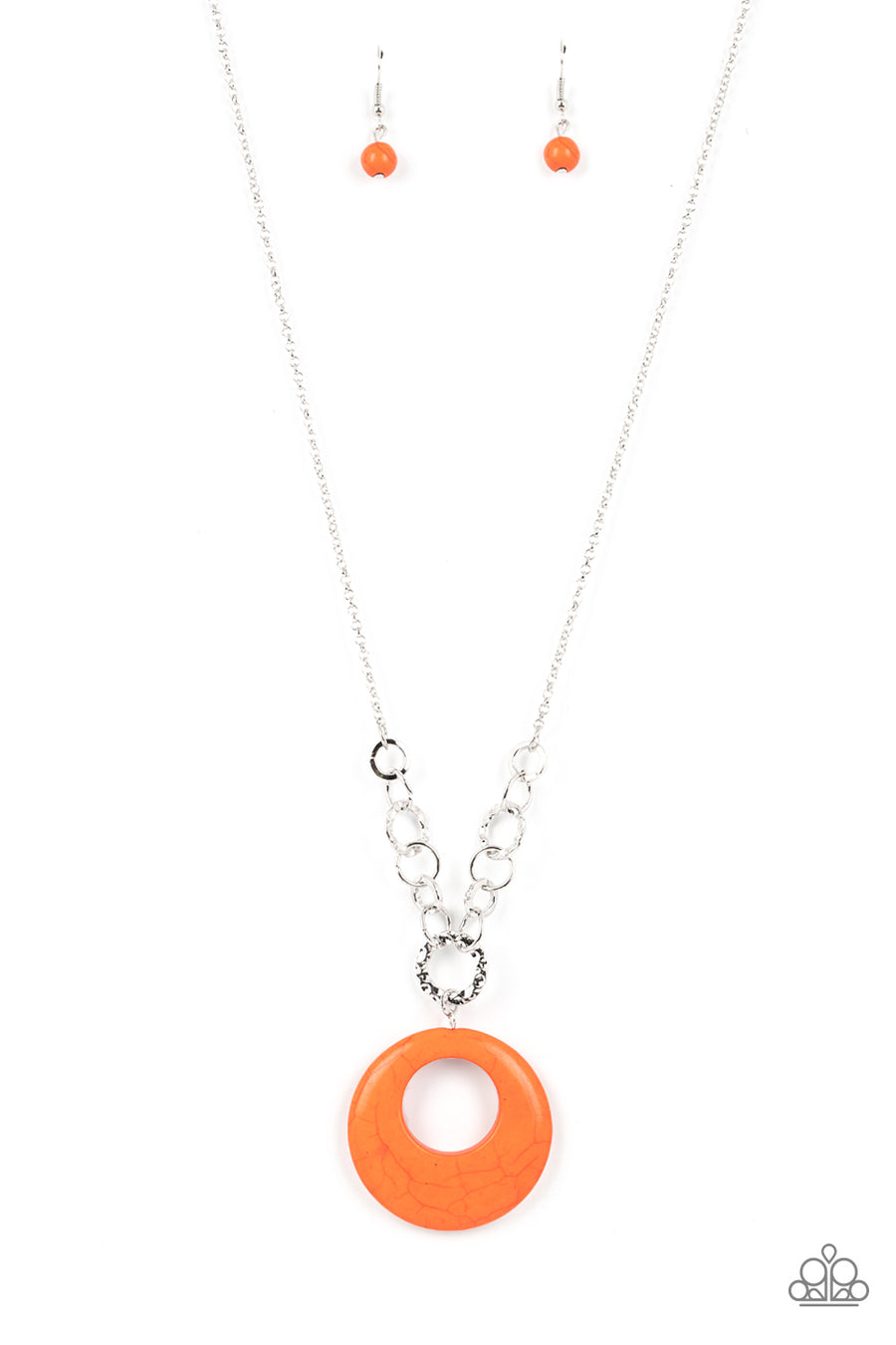 Hidden Dune - Orange Necklace - Paparazzi Accessories - A mismatched collection of textured and smooth silver links gives way to an oversized orange stone hoop at the bottom of an extended silver chain, resulting in an earthy centerpiece.