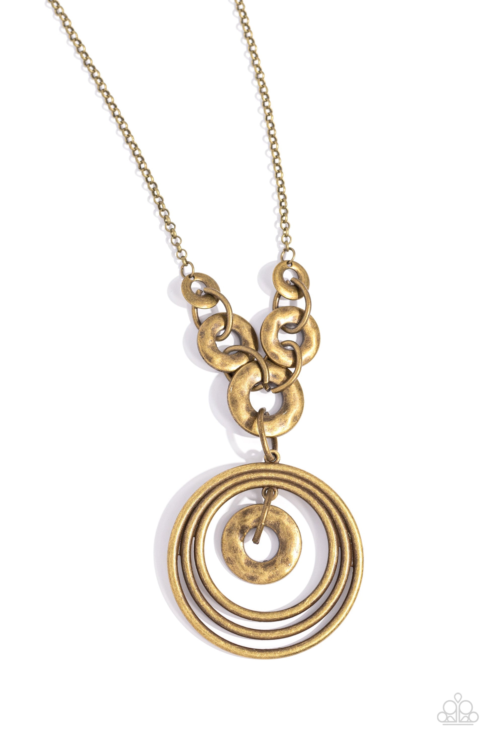 High HOOPS - Brass Fashion Necklace - Paparazzi Accessories - A trio of gritty brass rings swings from the bottom of a collection of hammered, brass hoops connected to an elongated chain in the same hue, creating an asymmetrically stacked pendant. A hammered brass ring swings in the center of the gritty rings, creating additional monochromaticity. Features an adjustable clasp closure.