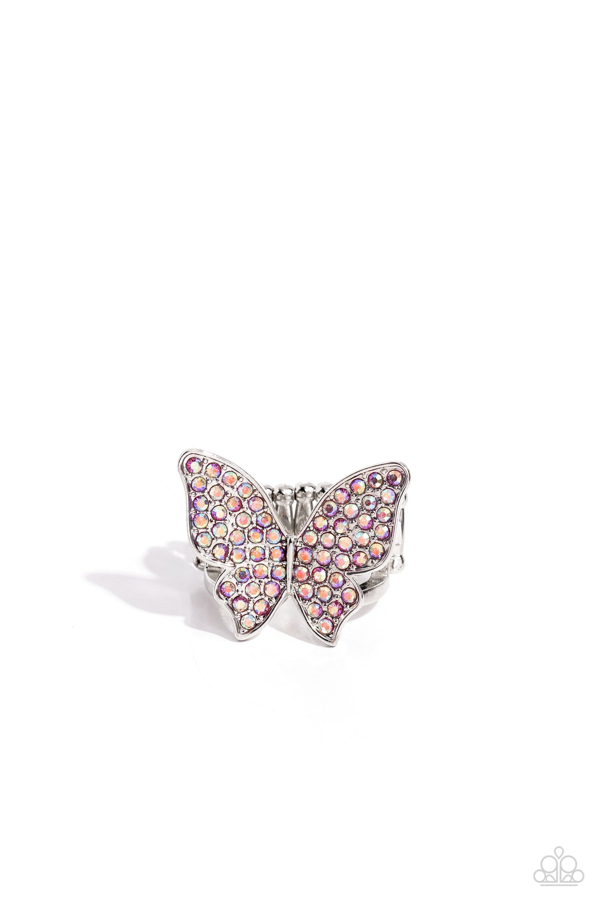 High Time - Pink Butterfly Ring - Paparazzi Accessories - Featured atop airy silver bands, a silver butterfly encrusted with an explosion of pink iridescent rhinestones sparkles at the finger for an enchanting fashion.