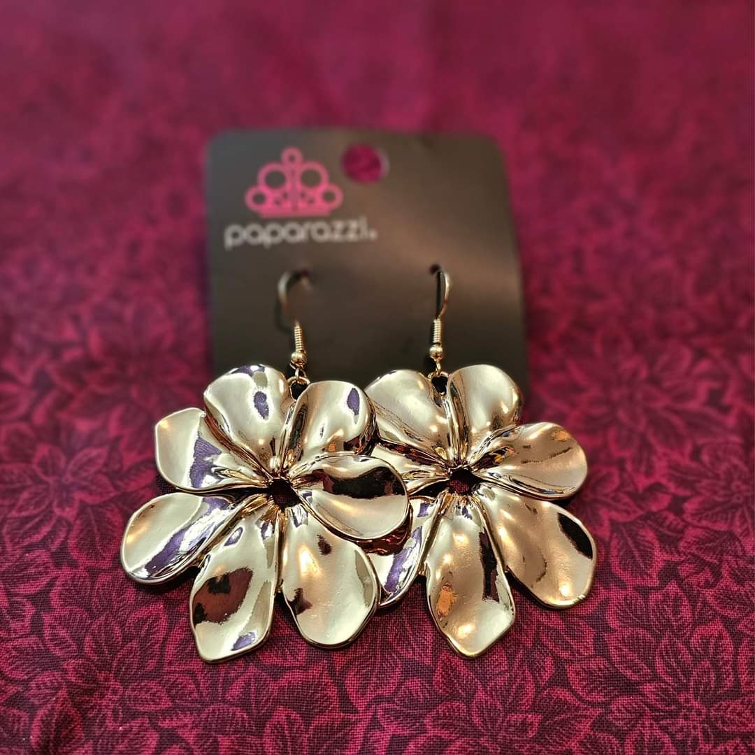 Hinging Hallmark - Gold Earrings - Paparazzi Accessories - Flared, imperfect gold petals layer into a stunning flower, hinging at the center for a whimsical flair. Earring attaches to a standard fishhook fitting. Sold as one pair of earrings.