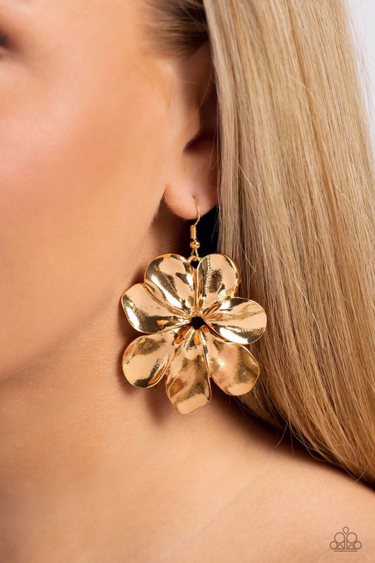 Hinging Hallmark - Gold Earrings - Paparazzi Accessories - Flared, imperfect gold petals layer into a stunning flower, hinging at the center for a whimsical flair. Earring attaches to a standard fishhook fitting. Sold as one pair of earrings.