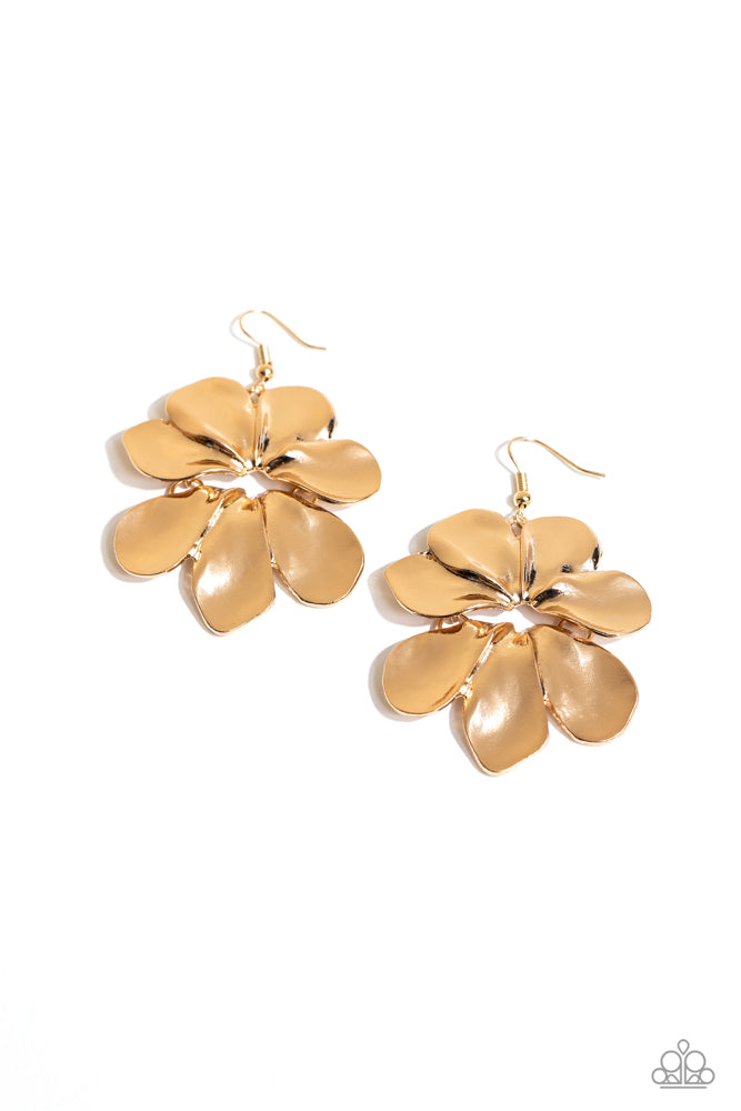 Hinging Hallmark - Gold Earrings - Paparazzi Accessories - Flared, imperfect gold petals layer into a stunning flower, hinging at the center for a whimsical flair. Earring attaches to a standard fishhook fitting. Sold as one pair of earrings.
