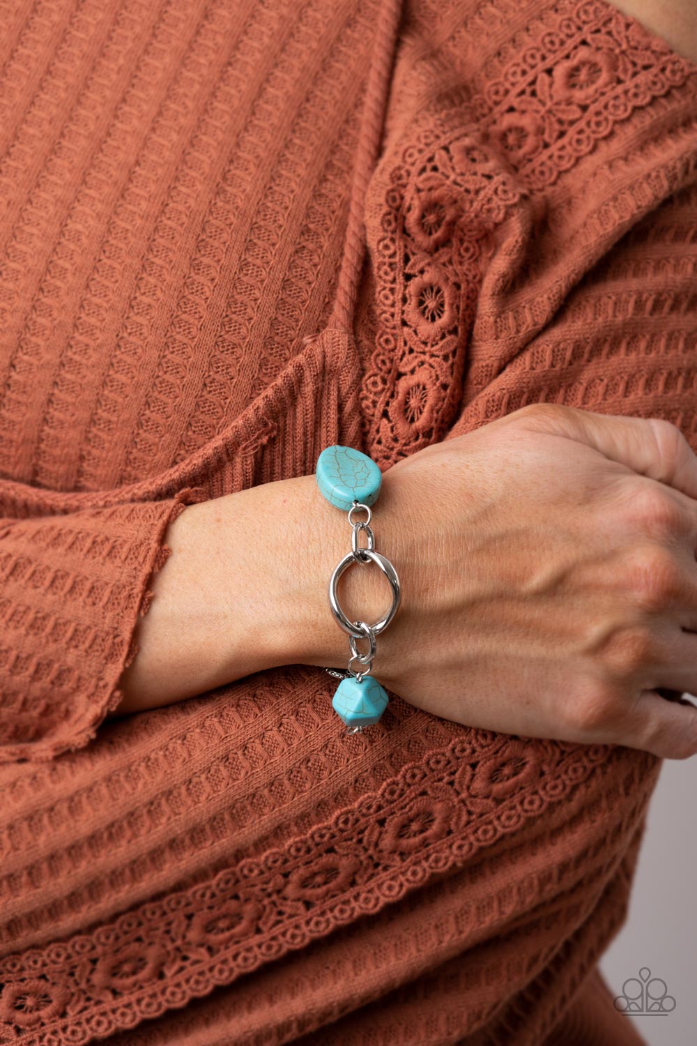 Hola, SONORA - Blue Turquoise and Silver Bracelet - Paparazzi Accessories - An artfully mismatched assortment of oversized silver links and geometric turquoise stone beads delicately interlocks around the wrist for a desert inspired theme. Features an adjustable clasp closure.