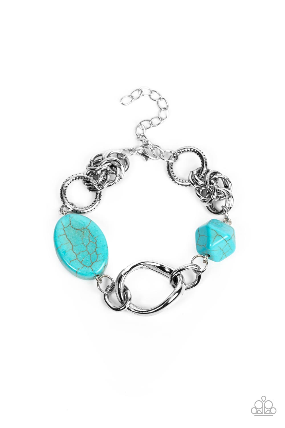 Hola, SONORA - Blue Turquoise and Silver Bracelet - Paparazzi Accessories - An artfully mismatched assortment of oversized silver links and geometric turquoise stone beads delicately interlocks around the wrist for a desert inspired theme. Features an adjustable clasp closure.