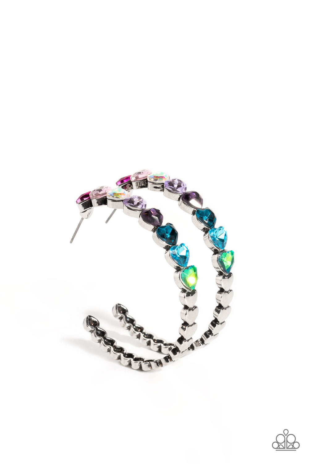 Hypnotic Heart Attack - Multi Heart Hoop Earrings - Paparazzi Accessories - Featuring a scalloped heart frame, glittery heart rhinestones in shades of pink, iridescence, purple, blue, and a refracted green shimmer slowly decrease in size as they curve down the ear to meet dainty silver hearts for a romantic statement. Earring attaches to a standard post fitting. Hoop measures approximately 1 3/4" in diameter.