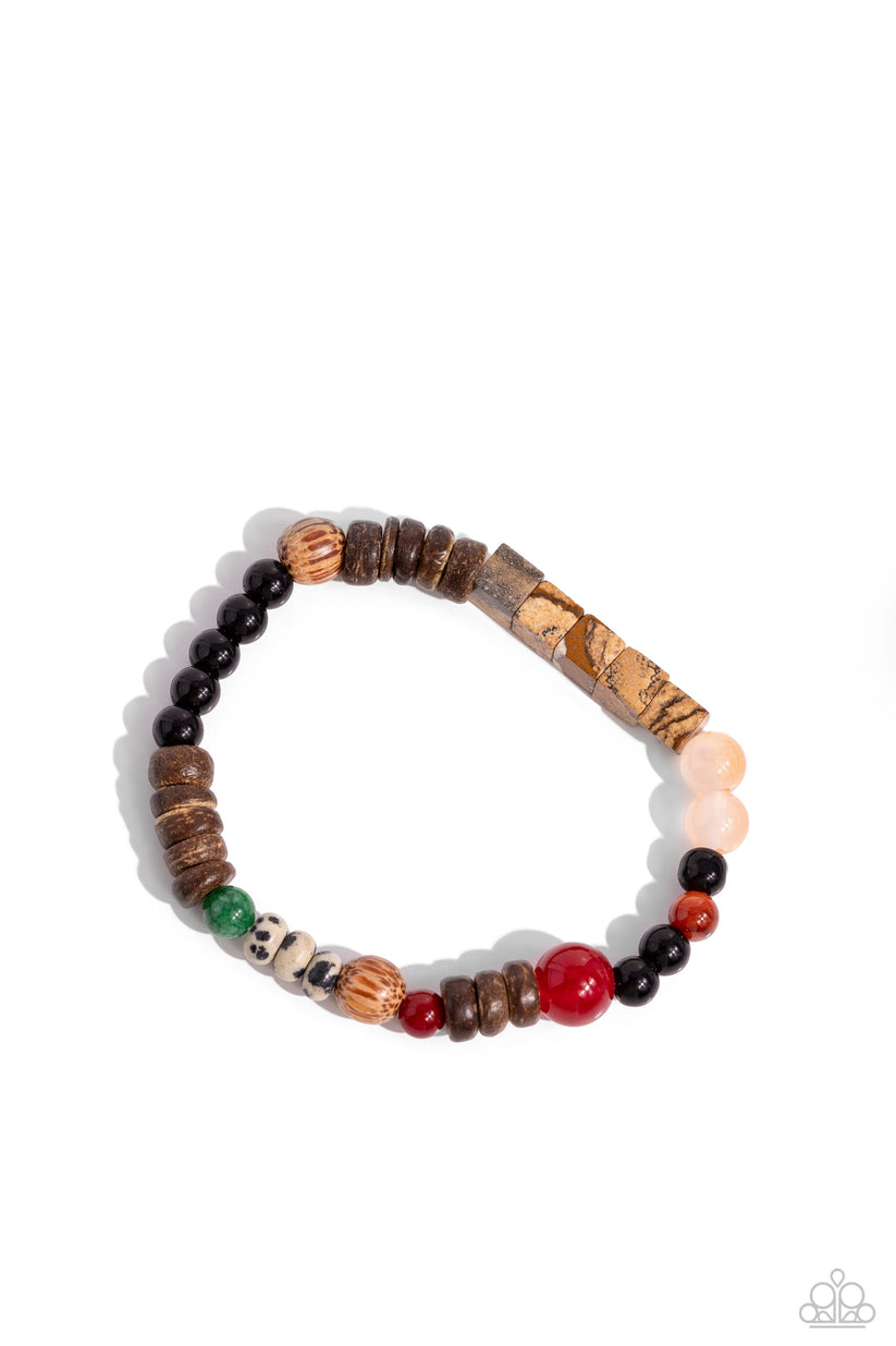 I WOOD Be So Lucky - Orange Unisex Bracelet - Paparazzi Accessories - Infused along a stretchy band around the wrist, a strand of colorful glassy, stone, and acrylic beads joins a spotted collection of wood beads for a colorfully urban look bracelet.