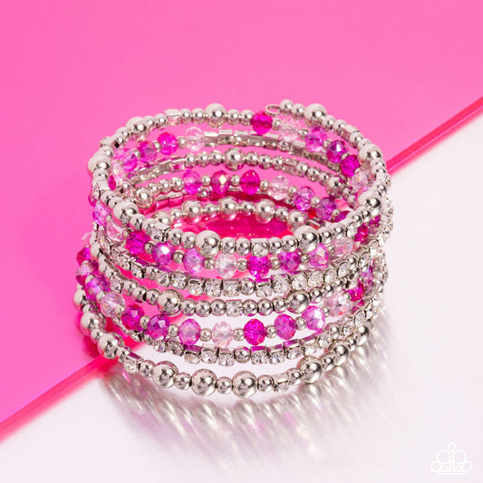 ICE Knowing You - Pink Infinity Wrap Bracelet - Paparazzi Accessories - An icy collection of silver beads, cubes, opaque crystals in various pink shades, and glassy white rhinestones are threaded along a coiled wire, creating a blinding infinity wrap style bracelet around the wrist. Sold as one individual bracelet.