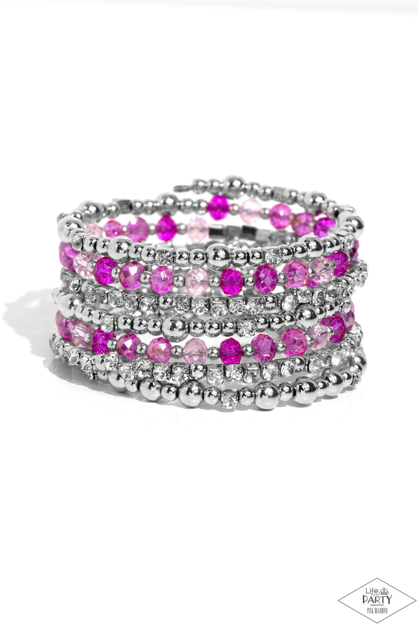 ICE Knowing You - Pink Infinity Wrap Bracelet - Paparazzi Accessories - An icy collection of silver beads, cubes, opaque crystals in various pink shades, and glassy white rhinestones are threaded along a coiled wire, creating a blinding infinity wrap style bracelet around the wrist. Sold as one individual bracelet.