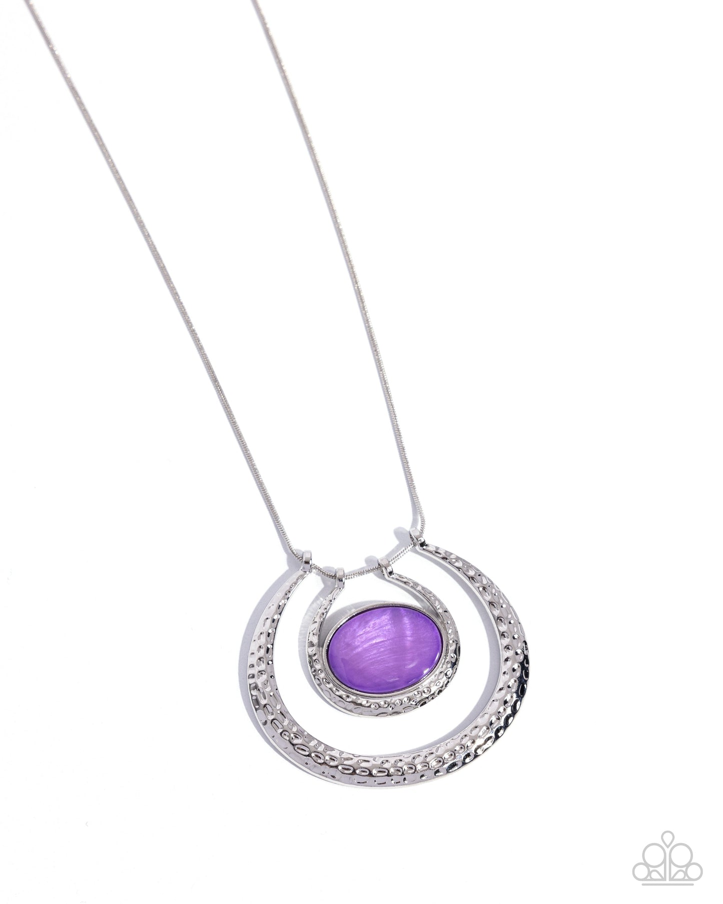 If the HORSESHOE Fits - Purple Necklace - Paparazzi Accessories - Encased in a sleek silver frame, an oval lavender shell rests horizontally at the bottom of a curved silver hammered bar, creating a half moon frame at the bottom of a sleek silver snake chain. A larger, curved, half moon frame with a hammered sheen layers below the shell-lined smaller frame for additional eye-catching detail.