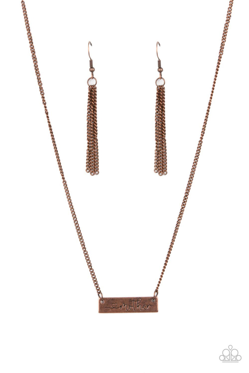 Joy Of Motherhood - Copper Necklace - Paparazzi Accessories - Stamped in a heart and the word, "Mother," an antiqued copper plate is suspended by a classic copper chain below the collar, creating a whimsy sentimental pendant. Features an adjustable clasp closure.