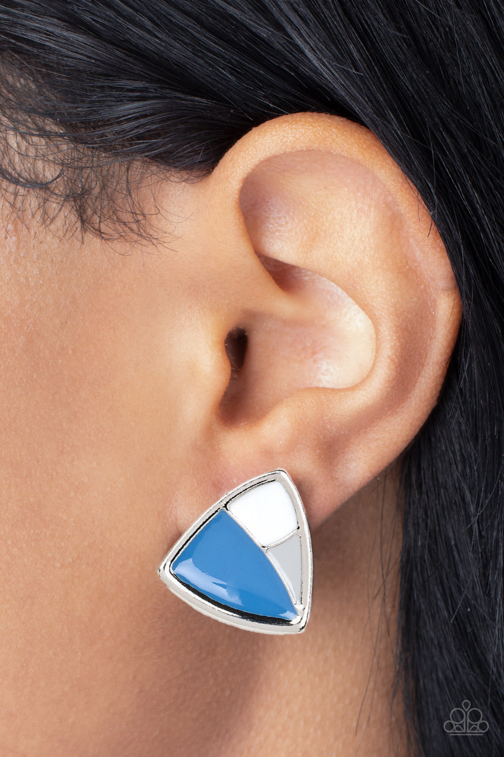 Kaleidoscopic Collision - Blue and Silver Earrings - Paparazzi Accessories - A collision of Skydiver, Northern Droplet, and white painted accents beam inside an asymmetric triangular frame for a contemporary pop of color.