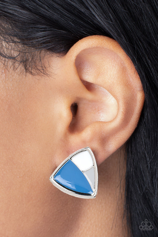 Kaleidoscopic Collision - Blue and Silver Earrings - Paparazzi Accessories - A collision of Skydiver, Northern Droplet, and white painted accents beam inside an asymmetric triangular frame for a contemporary pop of color.