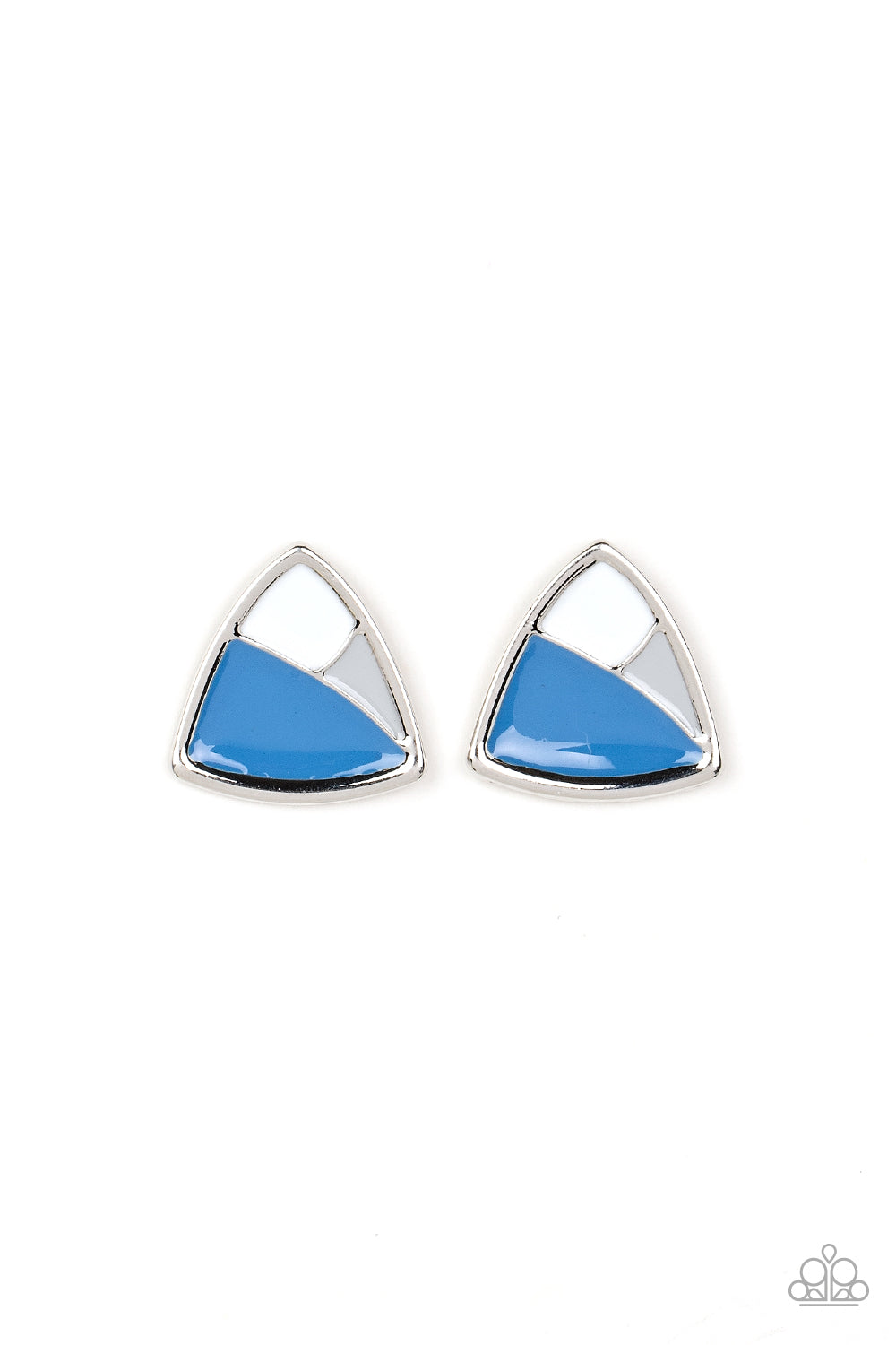 Kaleidoscopic Collision - Blue and Silver Earrings - Paparazzi Accessories - A collision of Skydiver, Northern Droplet, and white painted accents beam inside an asymmetric triangular frame for a contemporary pop of color.