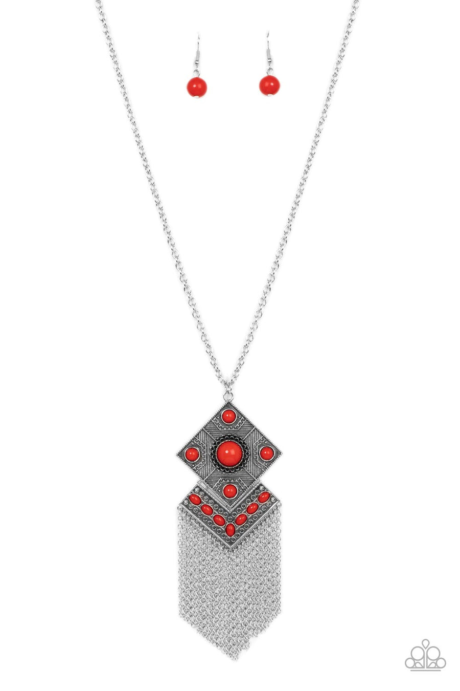 Kite Flight - Red Necklace - Paparazzi Accessories - A curtain of silver chains stream out from the bottom of stacked silver frames embellished in bubbly red beads and antiqued silver textures, resulting in a whimsical kite shaped pendant at the bottom of an extended silver chain.