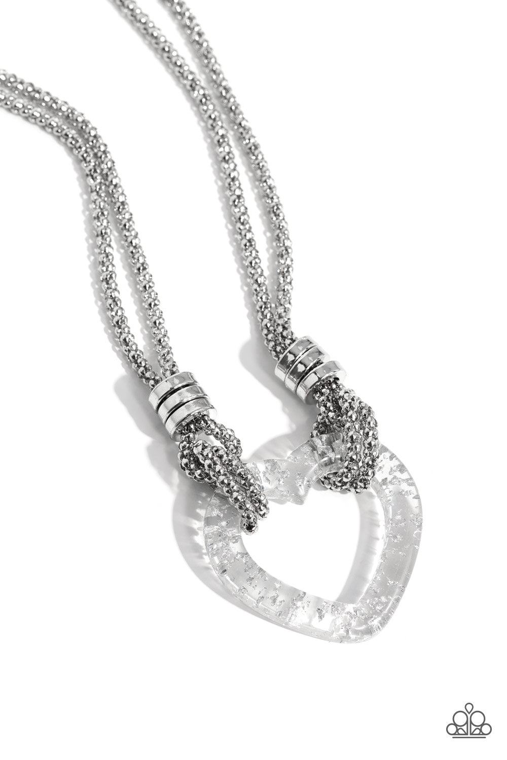 Lead with Your Heart - Silver Necklace - Paparazzi Accessories - Featuring a double-layered display of silver popcorn chain, a silver-flecked clear acrylic heart frame cascades down the neckline. Infused atop the acrylic heart, a trio of high-sheen silver rings adorns the layered chains for an industrial finish.