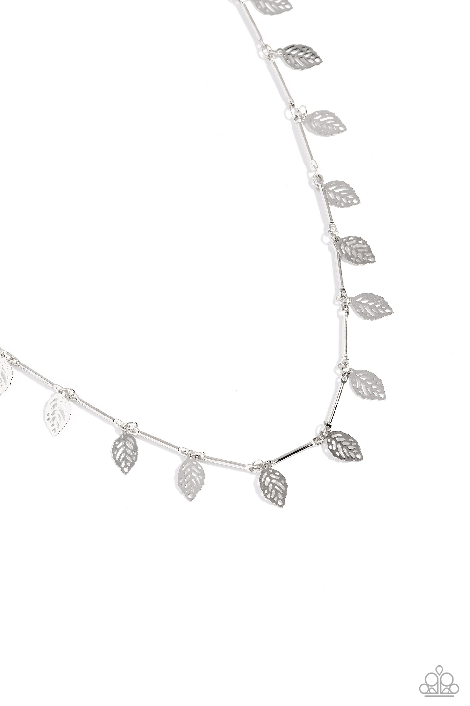 LEAF a Light On - Silver Necklace - Paparazzi Accessories - Skinny silver bars link together along the collar to create a dainty display of metallic sheen. A shiny silver leaf separates each bar, bringing shimmery movement to the lightweight design. Features an adjustable clasp closure.