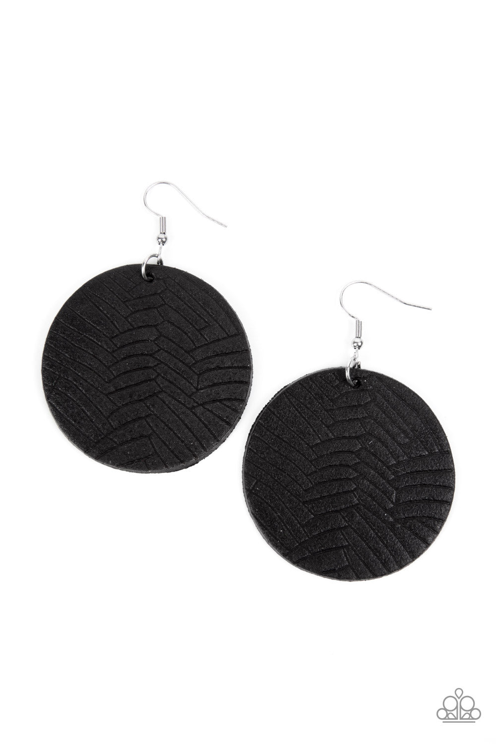 Leathery Loungewear - Black Earrings - Paparazzi Accessories - Etched in layers of geometric detail, a black leather disc swings from the ear for an authentically earthy look. Earring attaches to a standard fishhook fitting.