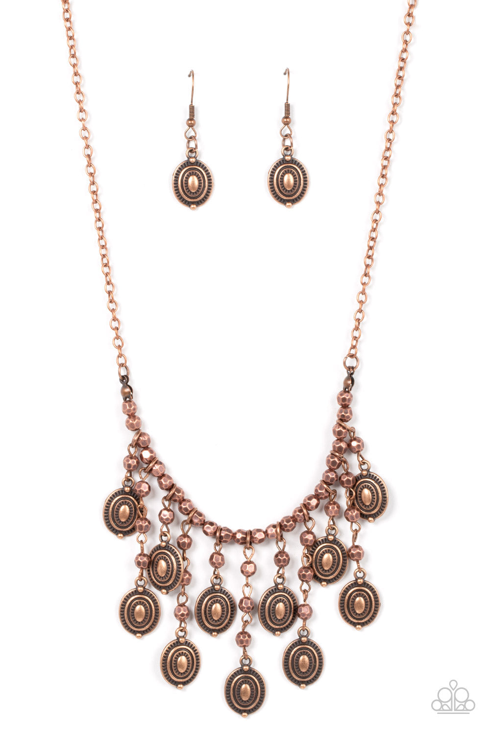 Leave it in the PASTURE - Copper Necklace - Paparazzi Accessories - Attached to an antiqued copper chain, a strand of faceted copper beads are threaded along an invisible wire below the collar. The gritty beads give way to a copper beaded tassel featuring textured copper frames, resulting in a rustic fringe below the collar.