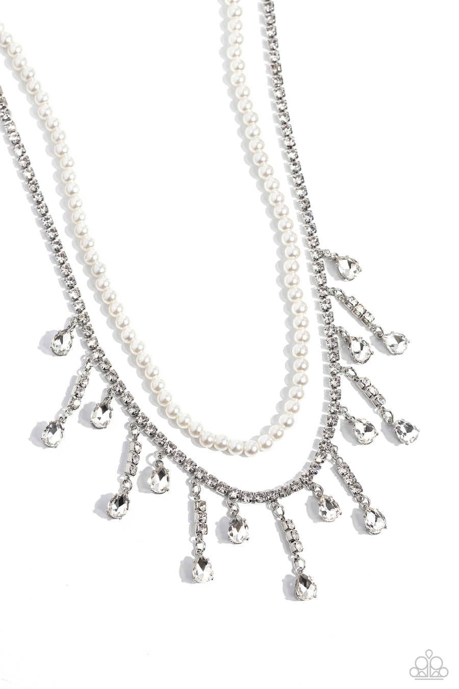Lessons in Luxury - White and Silver Necklace - Paparazzi Accessories - Featuring a white rhinestone square-fitting chain, white teardrop-cut gems, bordered in silver pronged fittings, swing from streams of glittery rhinestones while solitaire teardrop gems drip in an alternating pattern. A strand of gleaming white pearls layers above the silver display for a luxurious finish around the collar.