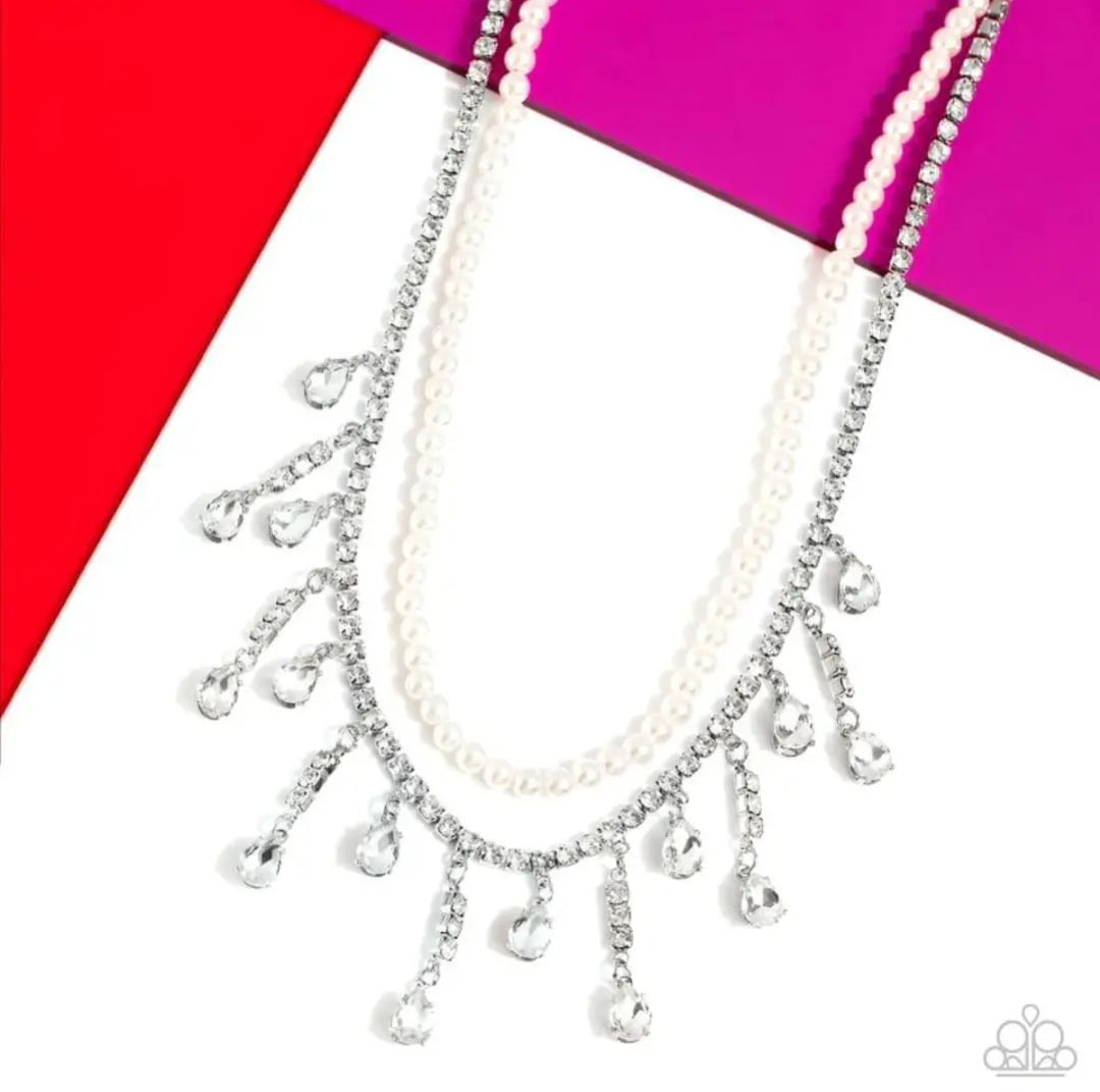 Lessons in Luxury - White and Silver Necklace - Paparazzi Accessories Bejeweled Accessories By Kristie