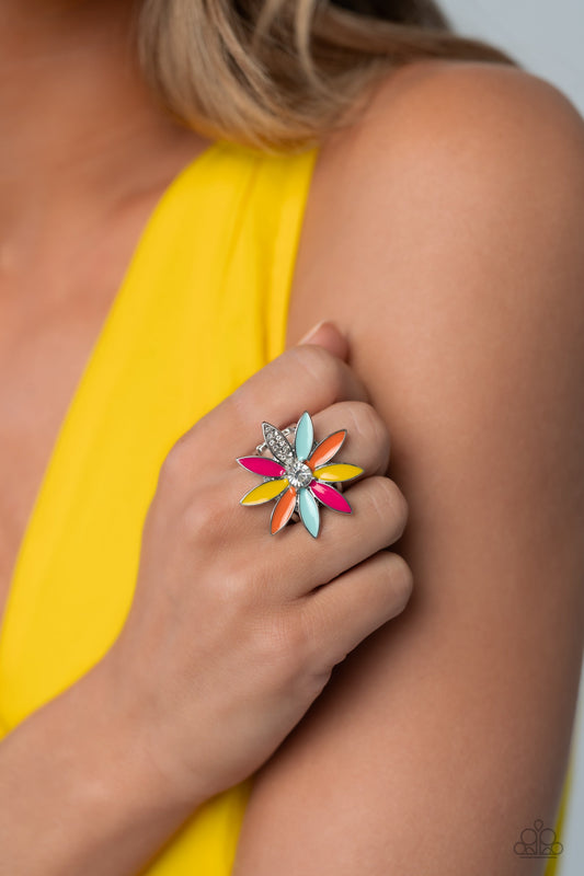 Lily Lei - Multi Color Flower Ring - Paparazzi Accessories - Featuring Pink Peacock, Samoan Sun, Orange Tiger and Waterspout elongated marquise petals, an oversized glittery colorful flower, with a white gem center, blooms atop an airy silver band. Dainty white rhinestones dot one of the petals for a dazzling finish.