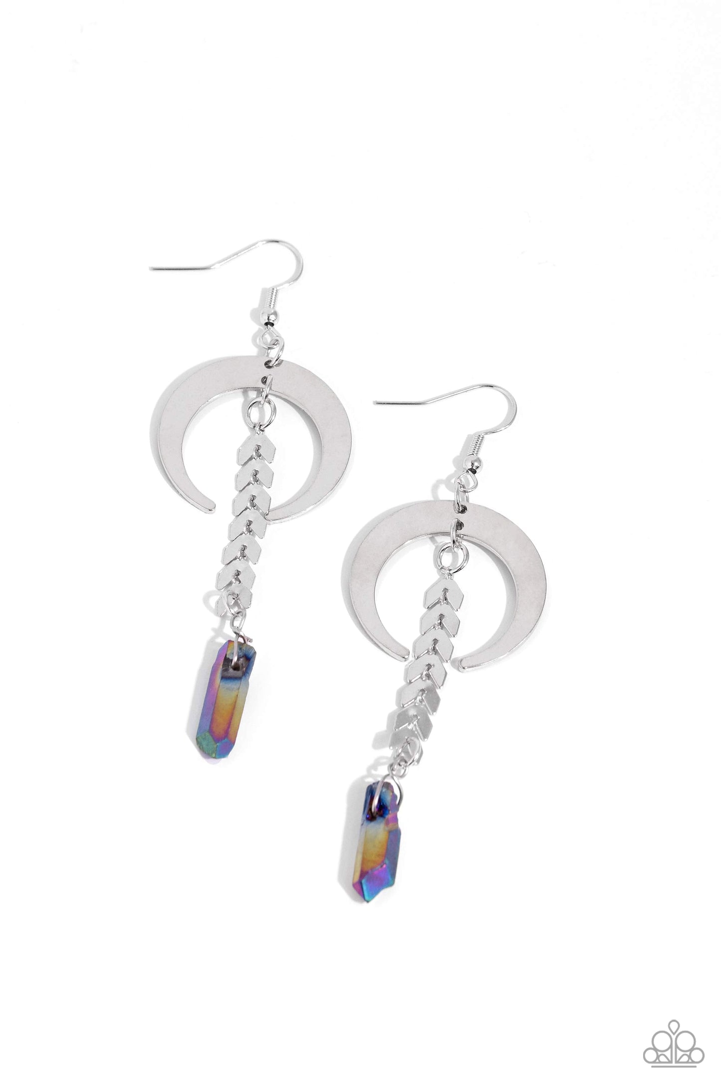 Lounging Laurel - Multi Oil Spill Earrings - Paparazzi Accessories - Delicately cascading from a silver laurel chain, a chiseled oil spill dipped stone swings from the bottom of a shiny silver crescent-shaped hoop, creating a seasonal lure. Earring attaches to a standard fishhook fitting.