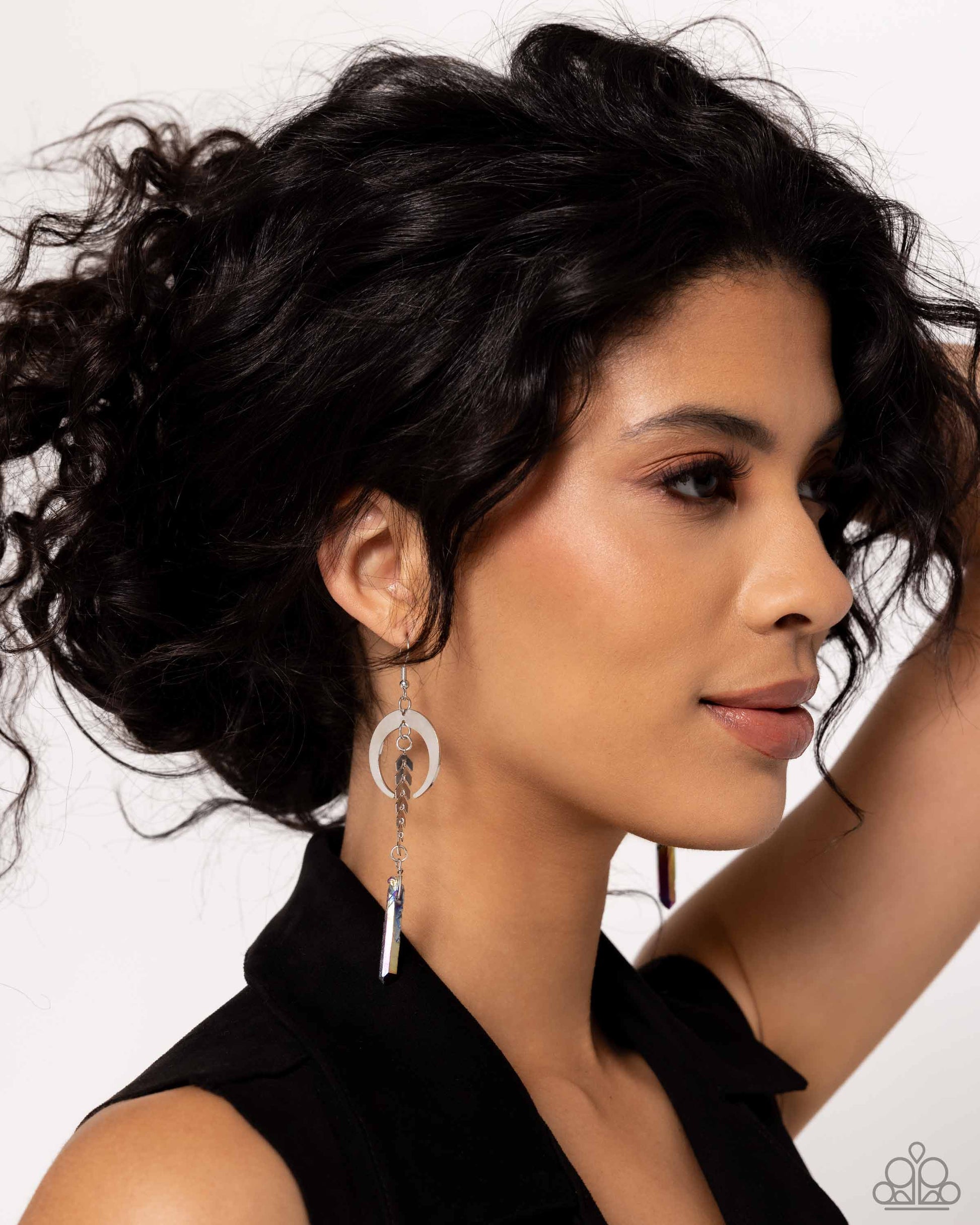 Lounging Laurel - Multi Oil Spill Earrings - Paparazzi Accessories - Delicately cascading from a silver laurel chain, a chiseled oil spill dipped stone swings from the bottom of a shiny silver crescent-shaped hoop, creating a seasonal lure. Earring attaches to a standard fishhook fitting.
