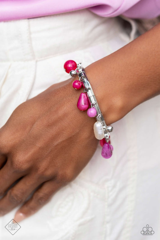 Lush Landscaping - Pink and Silver Bracelet - Paparazzi Accessories - Cloudy Radiant Orchid and Viva Magenta beads, silver beads, and iridescent-dipped baroque pearls elegantly drip along silver frames stretched together on elastic stretchy bands around the wrist, creating a whimsically-clustered display.