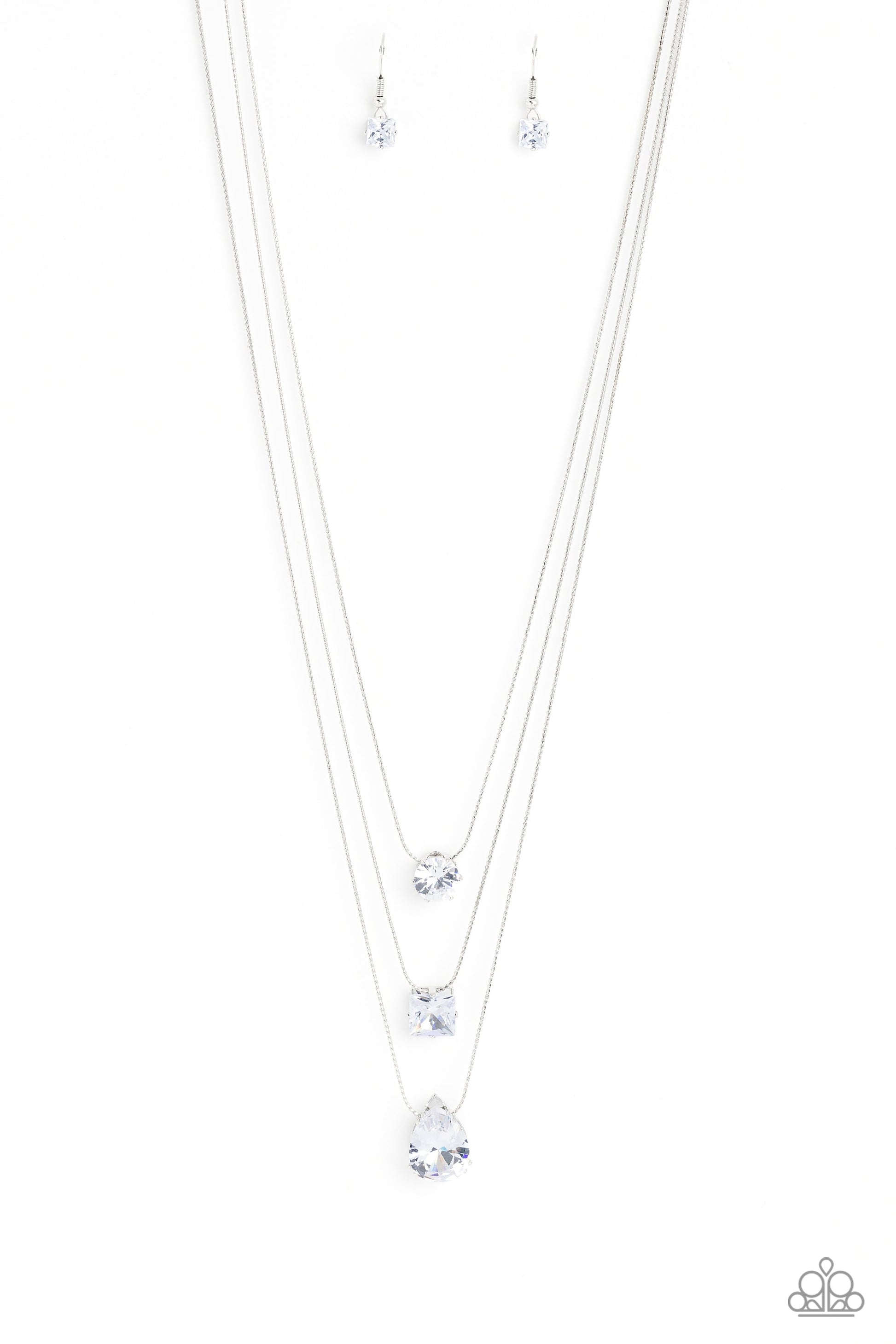 Lustrous Layers - White and Silver Necklace - Paparazzi Accessories - Featuring a subtle iridescent finish, exaggerated, faceted round, square, and teardrop gems layer down the chest from three sleek silver dainty chains, in a refined fashion.