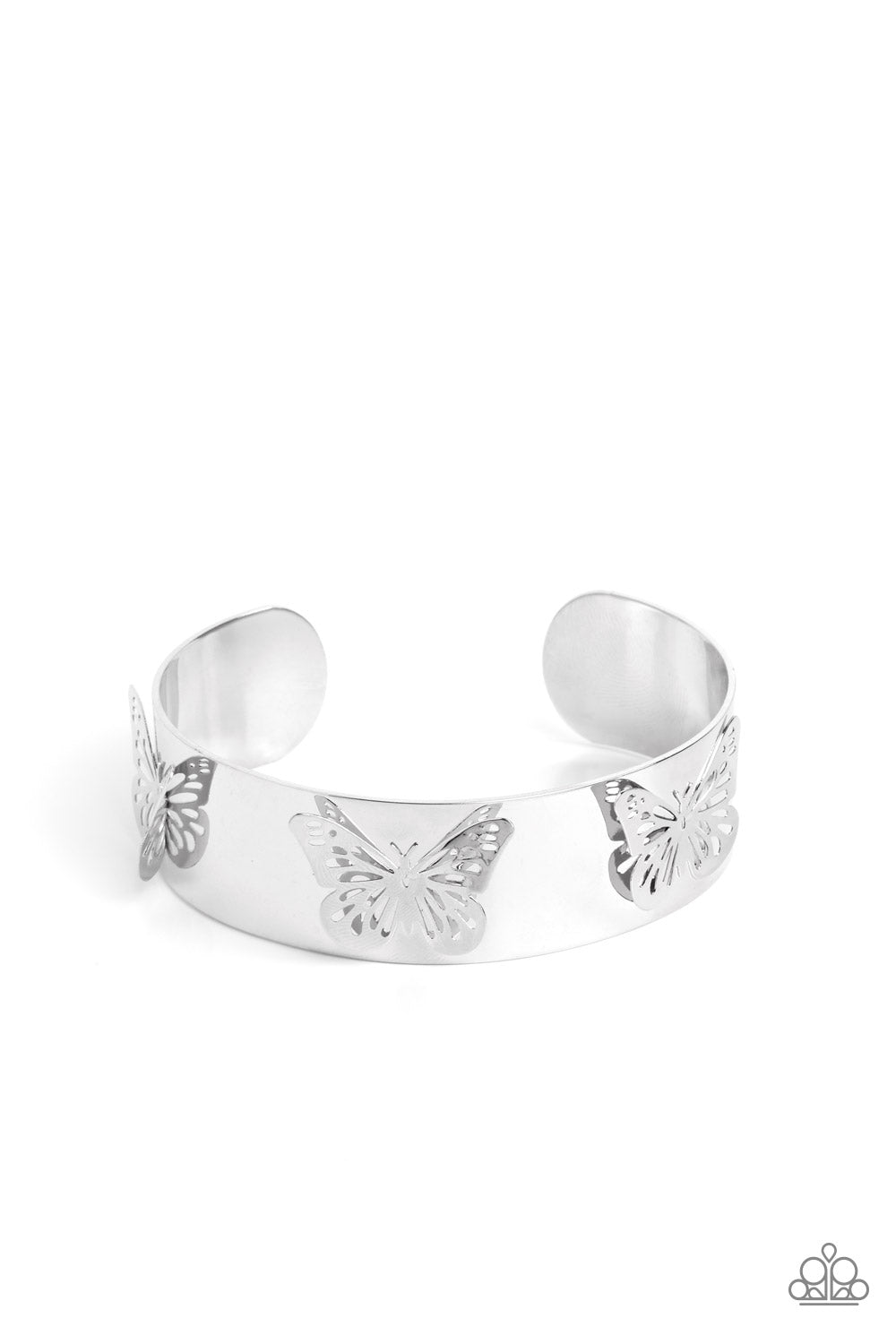 Magical Mariposas - Silver Butterfly Bracelet - Paparazzi Accessories - Three shimmery silver butterflies flutter atop the wrist on a thick silver cuff for a whimsical finish. Sold as one individual bracelet.