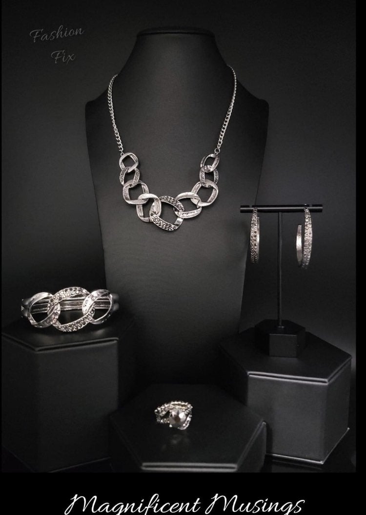 Magnificent Musings - Complete Trend Blend - Silver Jewelry Set - Paparazzi Accessories - Includes one of each accessory: Bombshell Bling Necklace, Tick, Tick, Boom! Hoop Earrings, BOMBSHELL Squad Bracelet and Blockbuster Boom Ring.