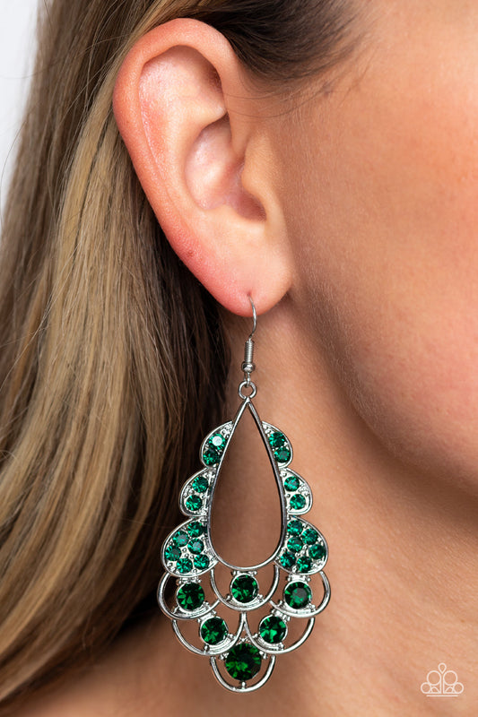 Majestic Masquerade - Green and Silver Earrings - Paparazzi Accessories - Airy loops of high-sheen silver, dotted with glittery emerald faceted gems, ripple out from an airy teardrop shape. Some curls feature solitaire oversized gems, while others feature a dainty collection resulting in a timeless, incandescent teardrop chandelier below the ear.