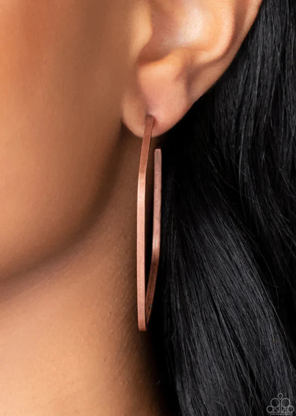 Major Flex - Copper Hoop Earrings - Paparazzi Accessories - Featuring a high-sheen finish, a dainty copper bar gently bends into a tilted cube-shaped hoop for an edgy allure. Earring attaches to a standard post fitting. Hoop measures approximately 2 1/4" in diameter. Sold as one pair of hoop earrings.
