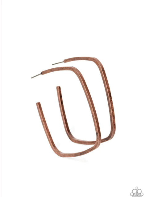 Major Flex - Copper Hoop Earrings - Paparazzi Accessories - Featuring a high-sheen finish, a dainty copper bar gently bends into a tilted cube-shaped hoop for an edgy allure. Earring attaches to a standard post fitting. Hoop measures approximately 2 1/4" in diameter. Sold as one pair of hoop earrings.
