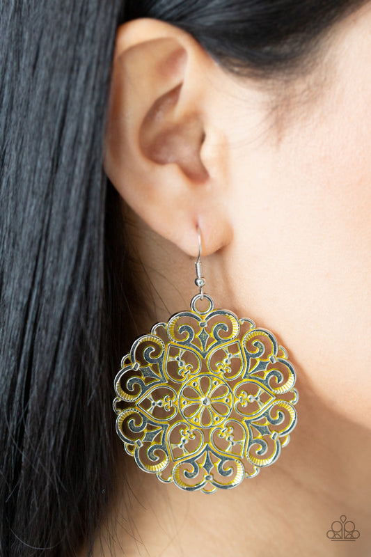 MANDALA Effect - Yellow Earrings - Paparazzi Accessories - Brushed in a rustic yellow finish, an oversized mandala-like silver frame swings from the ear for a seasonal pop of color. 