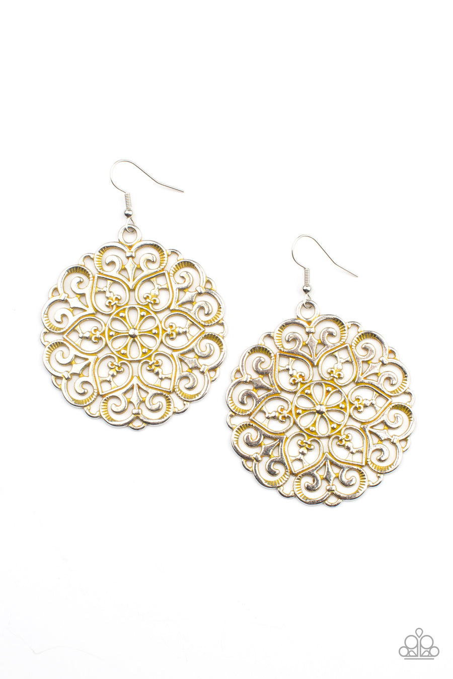 MANDALA Effect - Yellow Earrings - Paparazzi Accessories - Brushed in a rustic yellow finish, an oversized mandala-like silver frame swings from the ear for a seasonal pop of color.