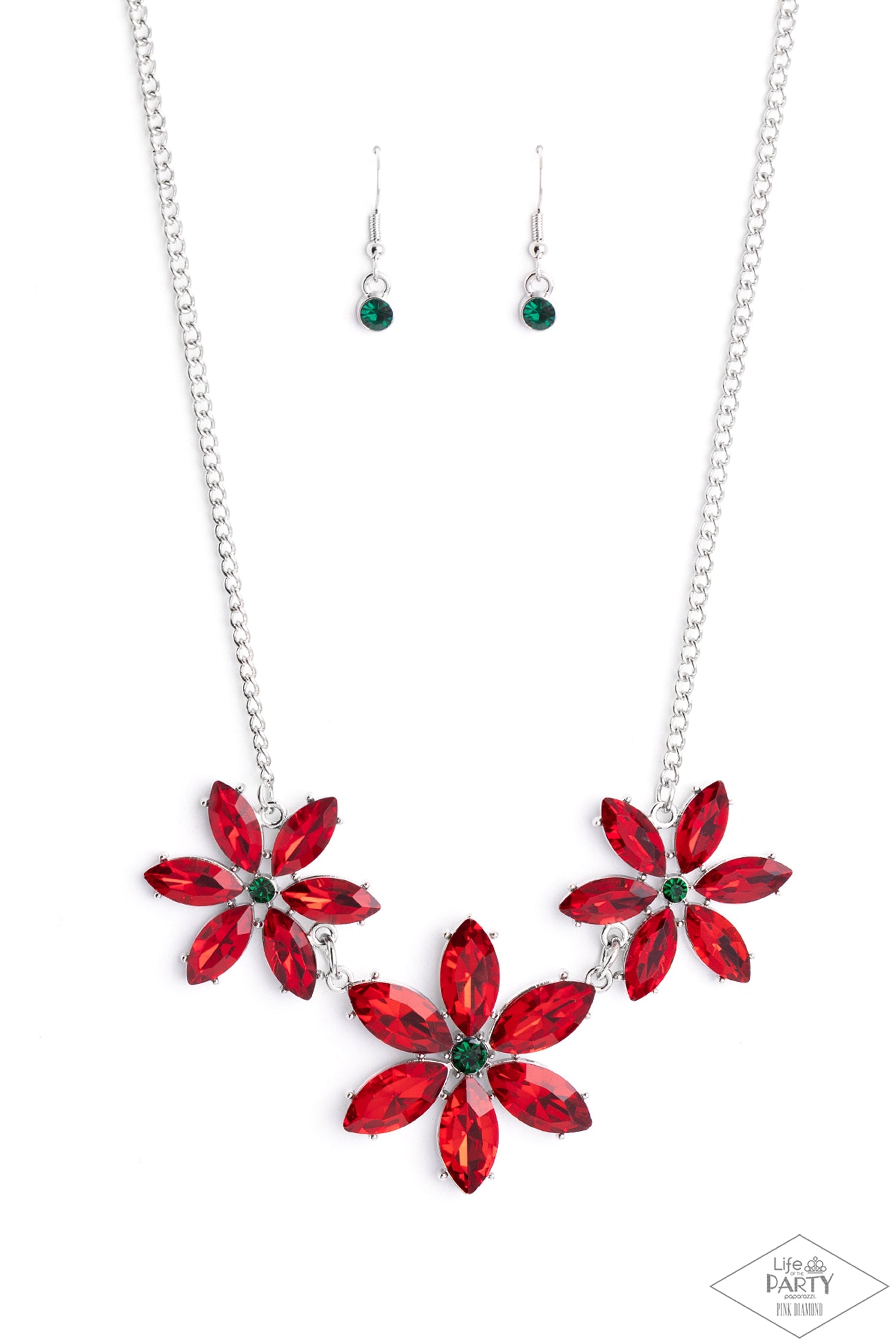 Meadow Muse - Red and Green Flower Necklace - Paparazzi Accessories - Rich red marquise cut rhinestones gather into whimsical flowers dotted with brilliant emerald rhinestone centers. The sparkling red gems are set in pronged settings and connect to a dainty silver chain creating a fanciful display across the collar.