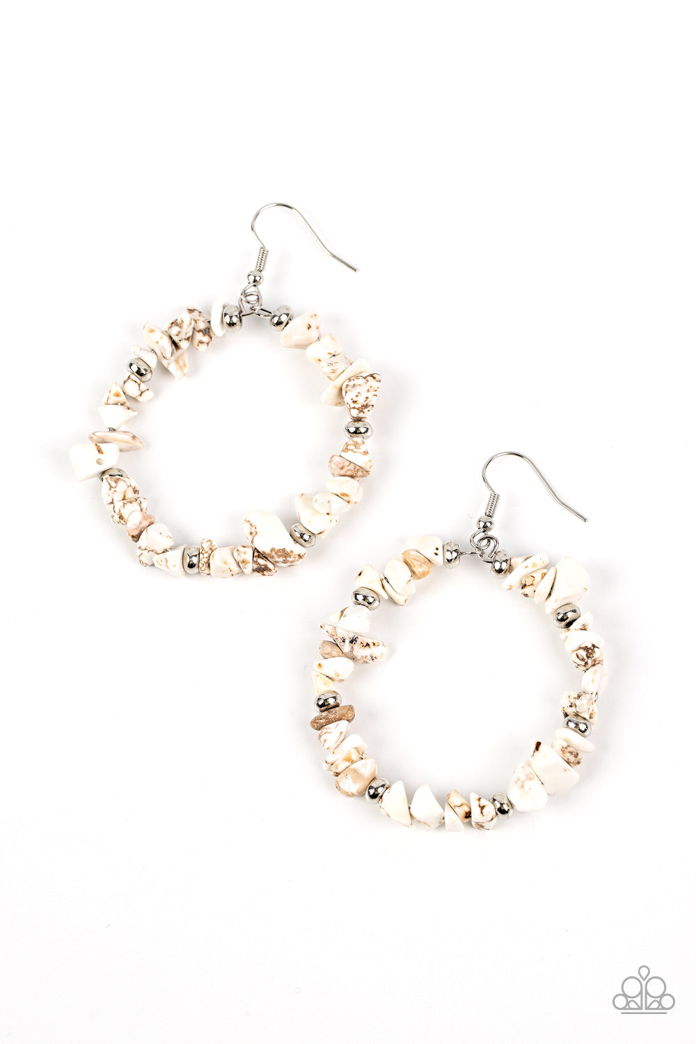 Mineral Mantra - White Stone and Silver Earrings - Paparazzi Accessories - Infused with dainty silver beaded accents, pieces of white stone are threaded along a wire hoop for an artisan inspired vibe. Earring attaches to a standard fishhook fitting.