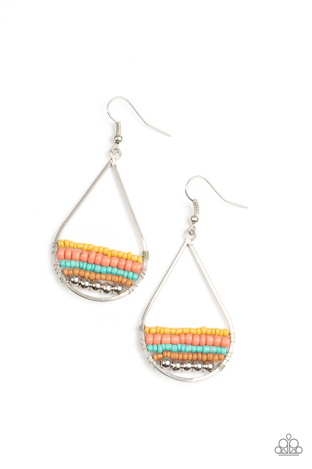 Mojave Mardi Gras - Multi Color - Silver Earrings - Paparazzi Accessories - Infused with a row of classic silver beads, a collection of yellow, coral, turquoise, and brown beads are threaded along dainty wires at the bottom of a silver teardrop frame for a seasonal look.