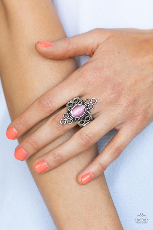 Mystical Mystique - Pink and Silver Ring - Paparazzi Accessories - Infused with dainty clusters of silver circles, silver studded accents flare out from a dewy pink cat's eye stone centerpiece atop two silver bands for an ethereal look. Features a stretchy band for a flexible fit. Sold as one individual ring.