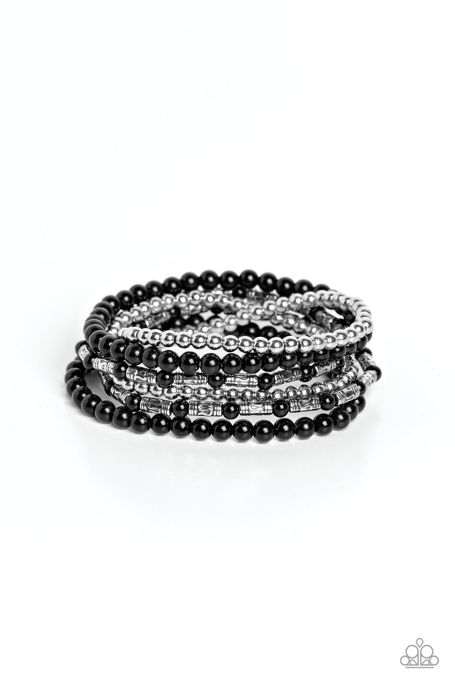 Mythical Magic - Black and Silver Bracelet - Paparazzi Accessories - A trendy collection of black, silver and silver cylindrical textured beads wrap around the wrist on elastic stretchy bands for a colorful, seasonal stack. Sold as one set of six bracelets.