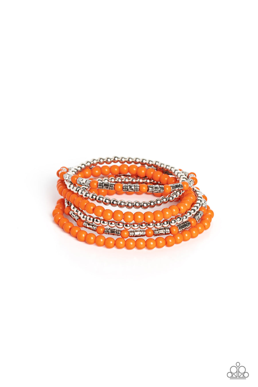 Mythical Magic - Orange Bracelet - Paparazzi Accessories - A trendy collection of orange, silver and silver cylindrical textured beads wrap around the wrist on elastic stretchy bands for a colorful, seasonal stack. Sold as one set of six bracelets.
