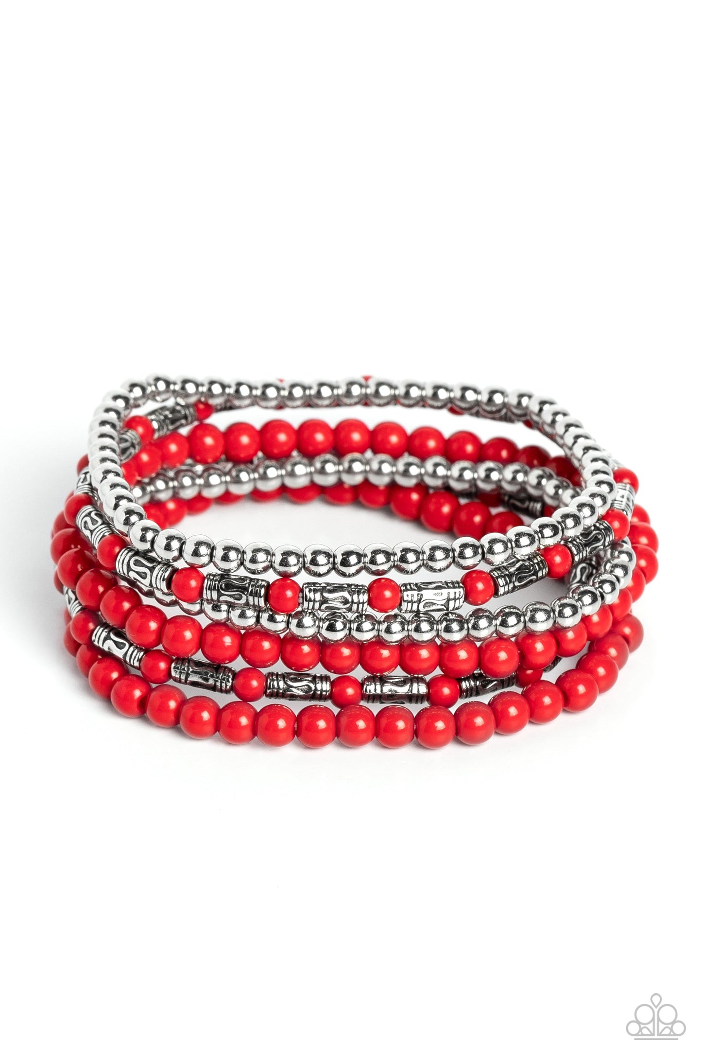 Mythical Magic - Red and Silver Bracelets - Paparazzi Accessories - A trendy collection of red, silver and silver cylindrical textured beads wrap around the wrist on elastic stretchy bands for a colorful, seasonal stack. Sold as one set of six bracelets.