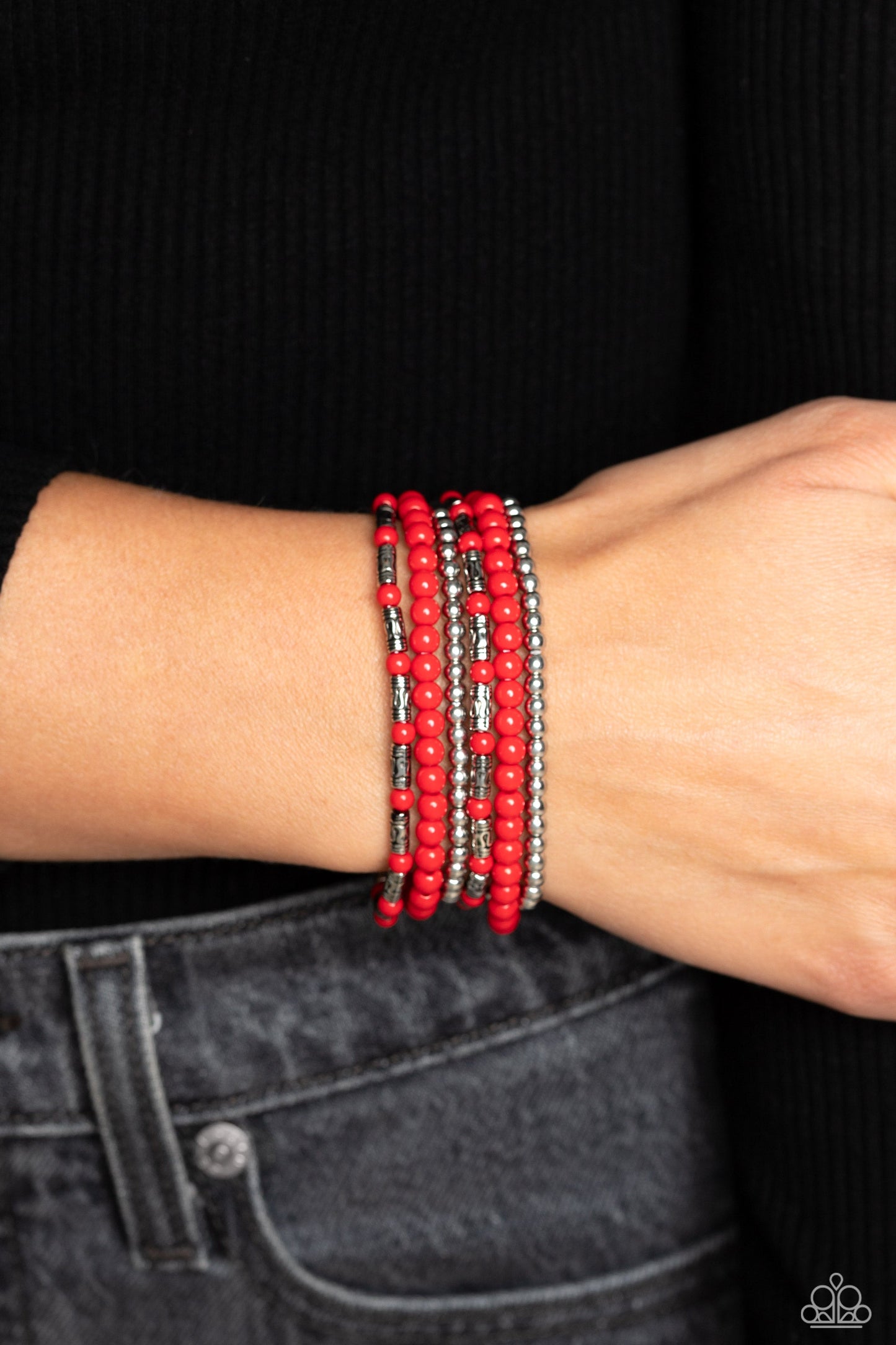 Mythical Magic - Red and Silver Bracelets - Paparazzi Accessories - A trendy collection of red, silver and silver cylindrical textured beads wrap around the wrist on elastic stretchy bands for a colorful, seasonal stack. Sold as one set of six bracelets.