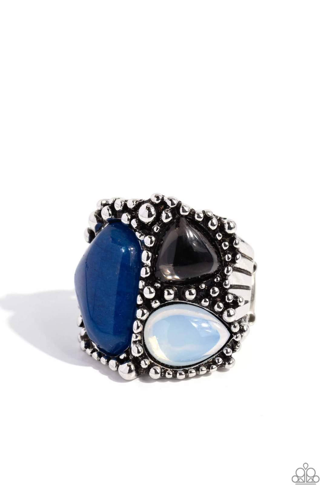 Natural Motley - Blue Ring - Paparazzi Accessories - Set in an exaggeratedly silver studded frame, a blue lapis, gray, and white resin opal in various shapes coalesce atop the finger for a natural display. Features a stretchy band for a flexible fit.