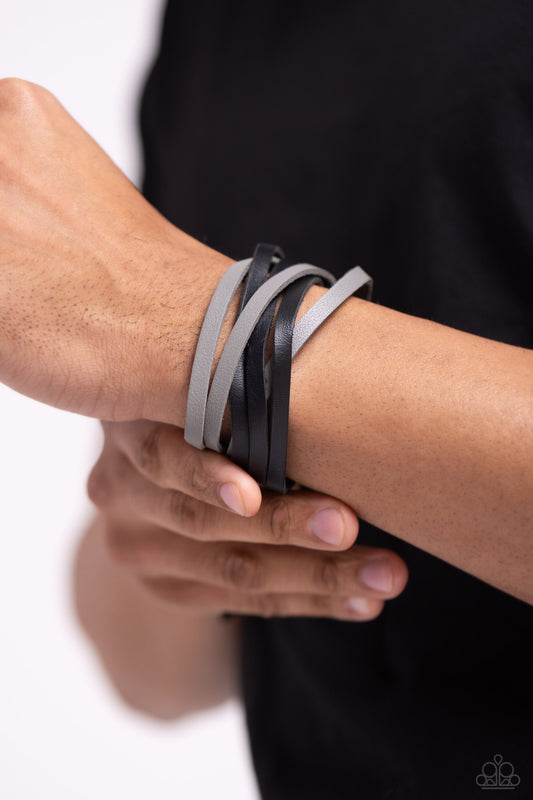Not SEW Fast - Black and Gray Leather Urban Bracelet - Paparazzi Accessories - Sewn together with zigzagging black stitches, gray and black leather bands interweave across the wrist for an edgy layered look. Features an adjustable snap closure.