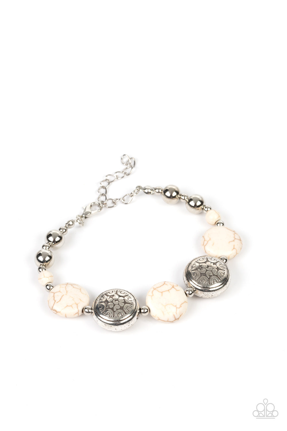 Oasis Orchard - White and Silver Bracelet - Paparazzi Accessories - Infused with silver beads and white stone accents, flat white stone beads alternate with floral silver frames along an invisible wire around the wrist for an earthy pop of color. Features an adjustable clasp closure. Sold as one individual bracelet.