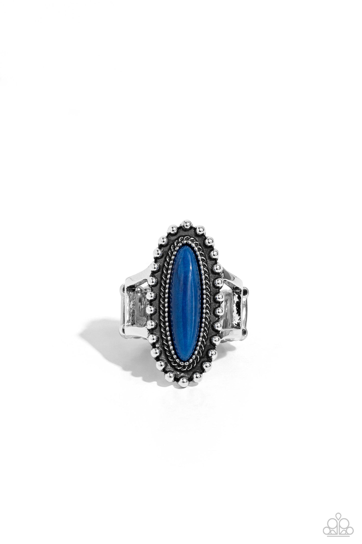 Oblong Occasion - Blue and Silver Ring - Paparazzi Accessories - An oblong lapis stone is pressed into the center of a studded silver band swirling with textured patterns atop airy silver bands for a seasonal finish. Features a stretchy band for a flexible fit. Sold as one individual ring.