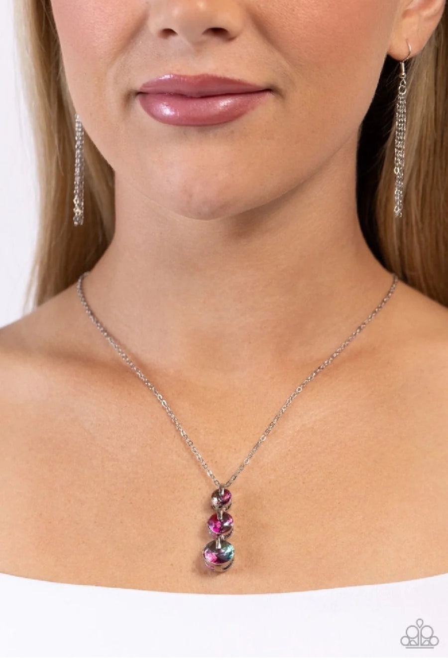 Ombre Obsession - Green and Silver Necklace - Paparazzi Accessories - Featuring a UV finish, a collection of blue, green, and pink gems are set in elevated, pronged silver fittings as they gradually increase in size along a dainty silver chain to create a prismatic, ombré display.